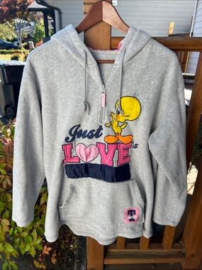 Vintage Looney Tunes Tweety Bird Fleece Hoodie Gray Y2K